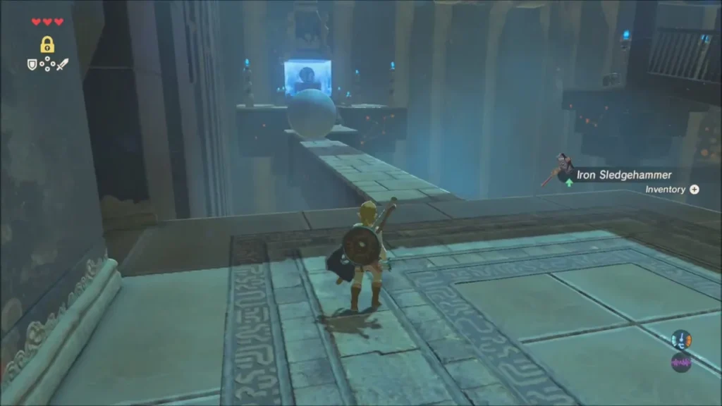 Link picks up an Iron Sledgehammer with a boulder waiting on the narrow path ahead Link picks up an Iron Sledgehammer with a boulder waiting on the narrow path ahead