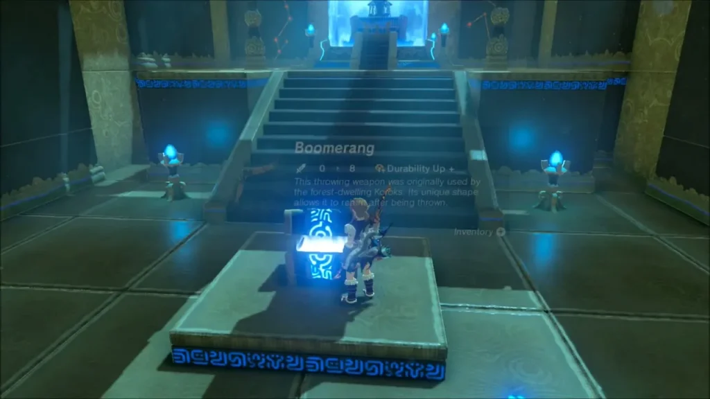 Link at the glowing chest with the Boomerang name shown Link at the glowing chest with the Boomerang name shown