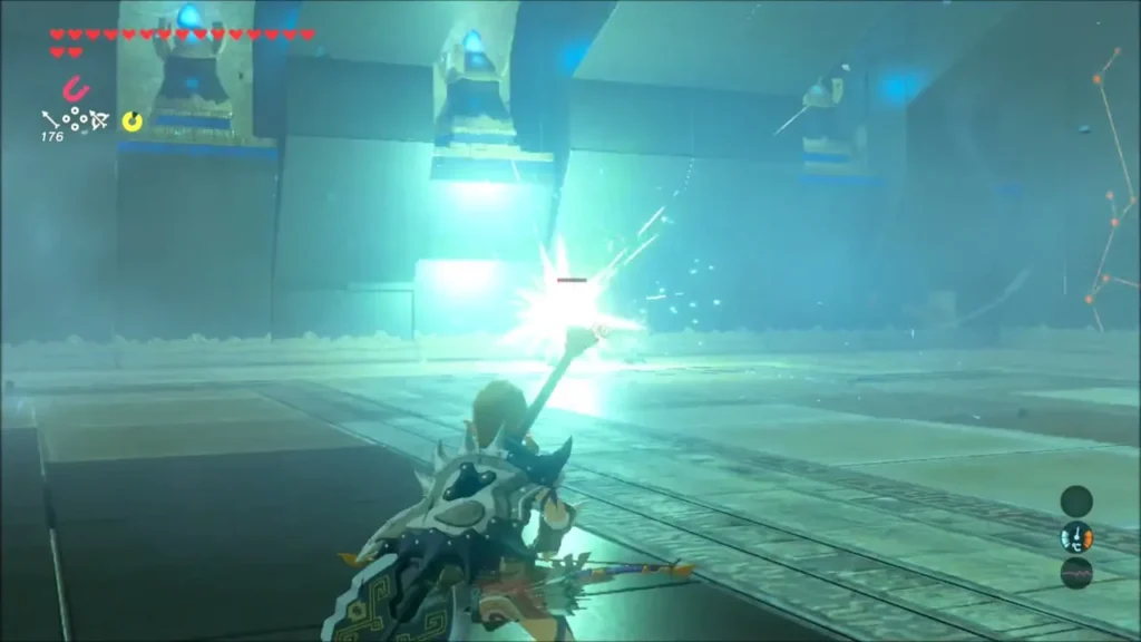 Link facing a bright laser flash from the Guardian Scout Link facing a bright laser flash from the Guardian Scout