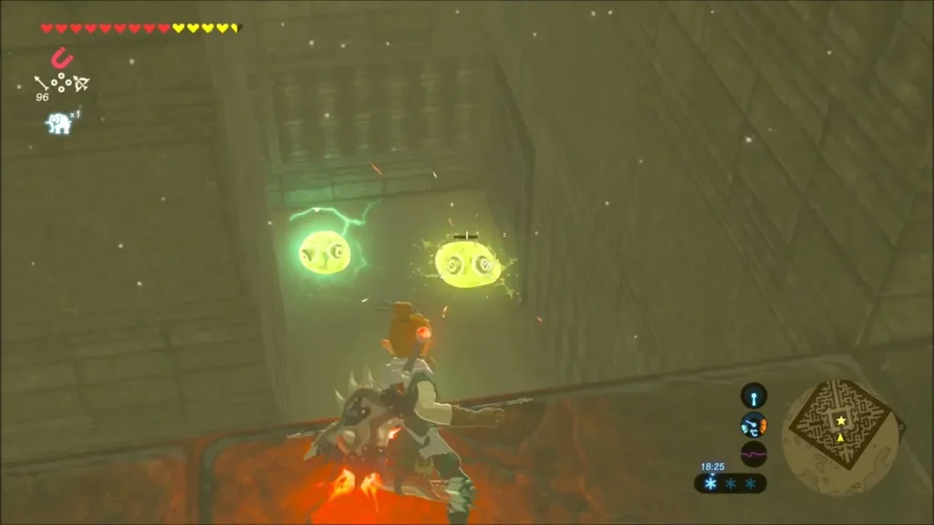 Link facing two electric Chuchu jellies in a Qaza Tokki maze corridor Link facing two electric Chuchu jellies in a Qaza Tokki maze corridor