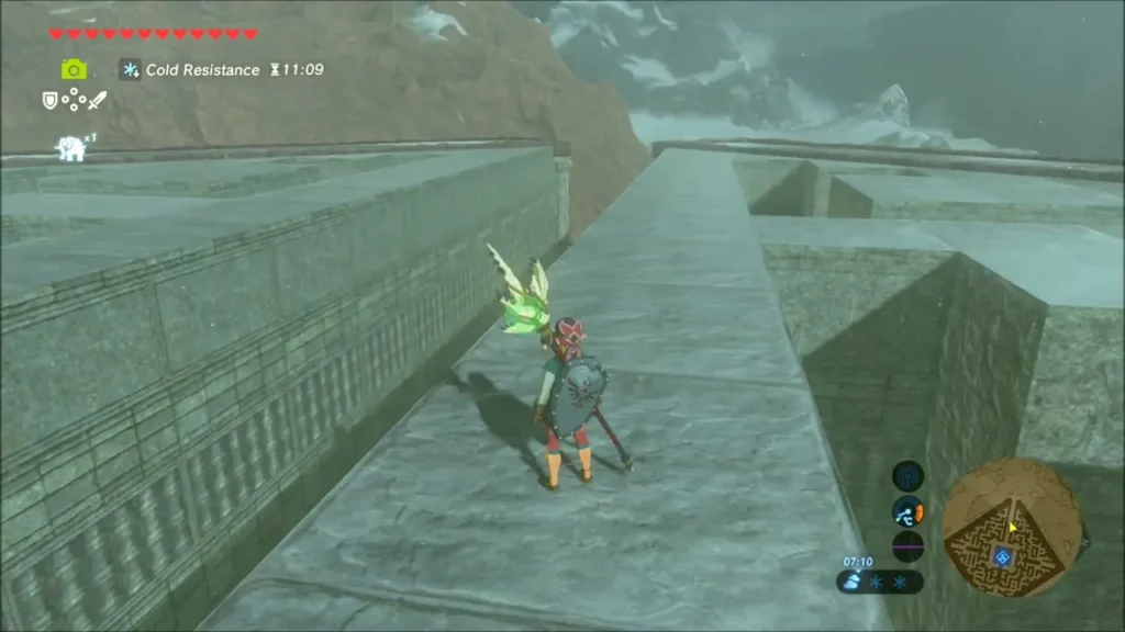 Link standing on top of the maze walls with the snowy mountains behind Link standing on top of the maze walls with the snowy mountains behind