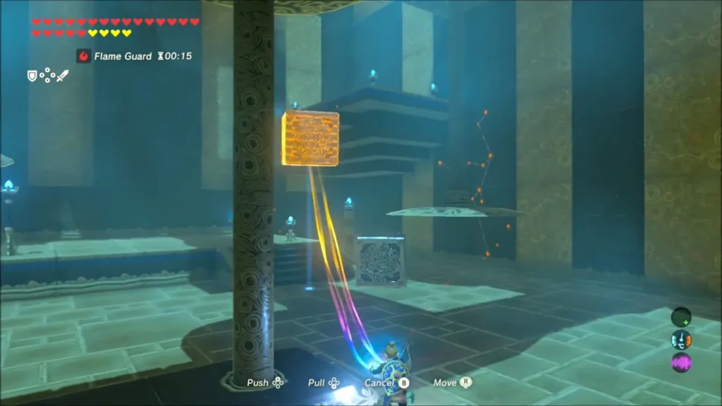 Link steering a cube up past a pillar with Magnesis Link steering a cube up past a pillar with Magnesis