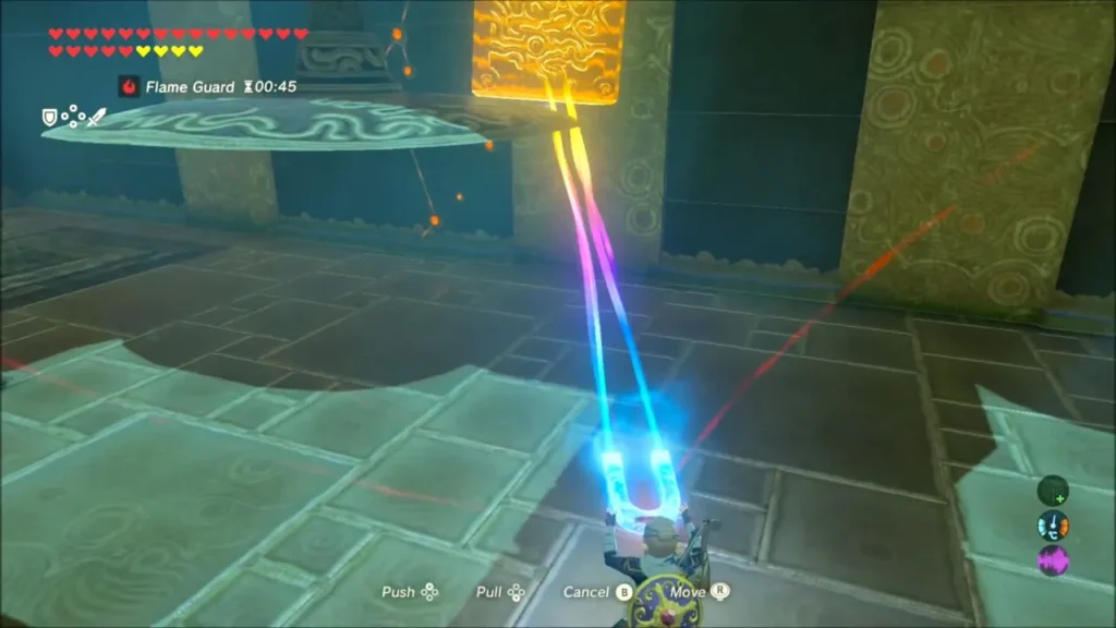 Link lifting a cube with Magnesis toward a scale pan Link lifting a cube with Magnesis toward a scale pan