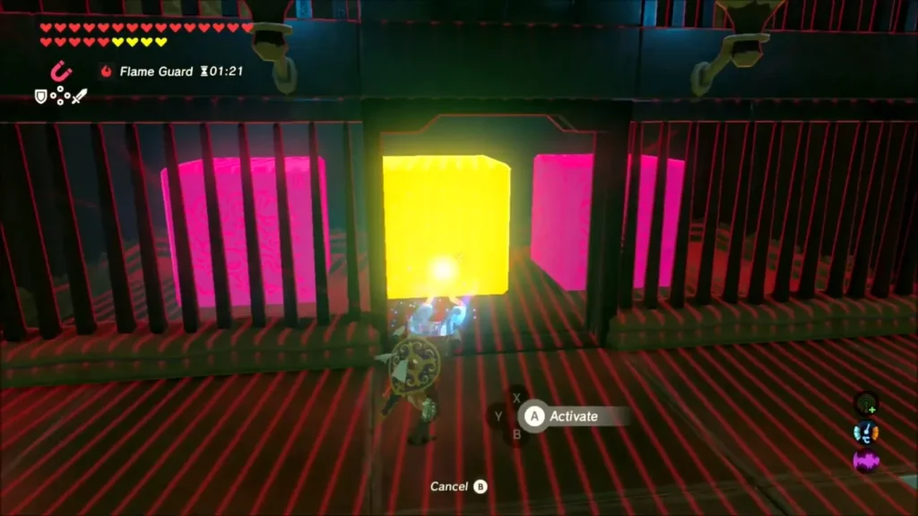 Link using Magnesis on a metal cube behind the bars Link using Magnesis on a metal cube behind the bars