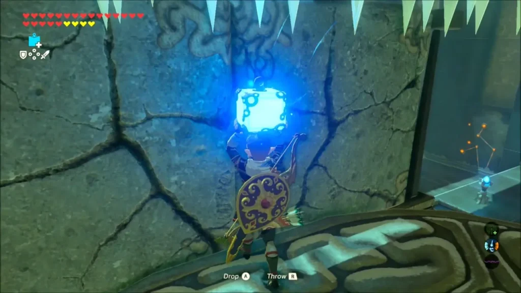 Link holding a glowing cube under the ceiling spikes Link holding a glowing cube under the ceiling spikes