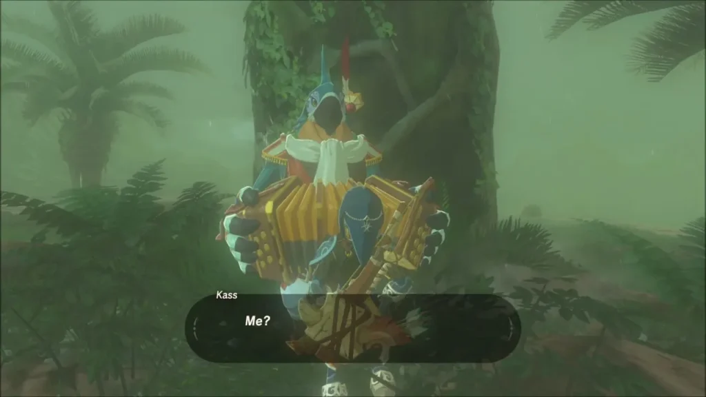 Kass the bard with his accordion talking to Link in the rain Kass the bard with his accordion talking to Link in the rain