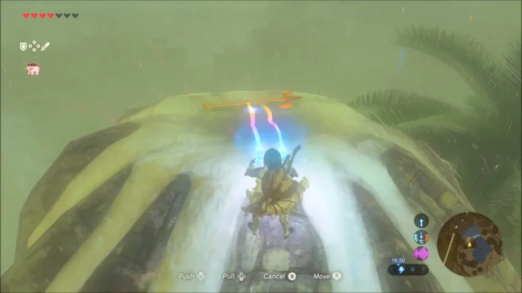 Link using Magnesis on a metal halberd lying on the mound Link using Magnesis on a metal halberd lying on the mound