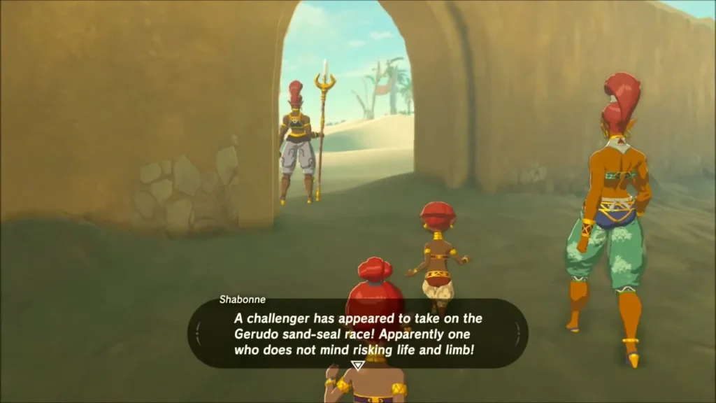 Shabonne announcing the sand-seal race challenger in a sandstone archway Shabonne announcing the sand-seal race challenger in a sandstone archway