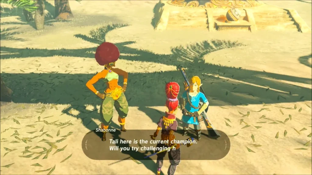 Link listening to Shabonne beside Tali, the current sand-seal champion Link listening to Shabonne beside Tali, the current sand-seal champion