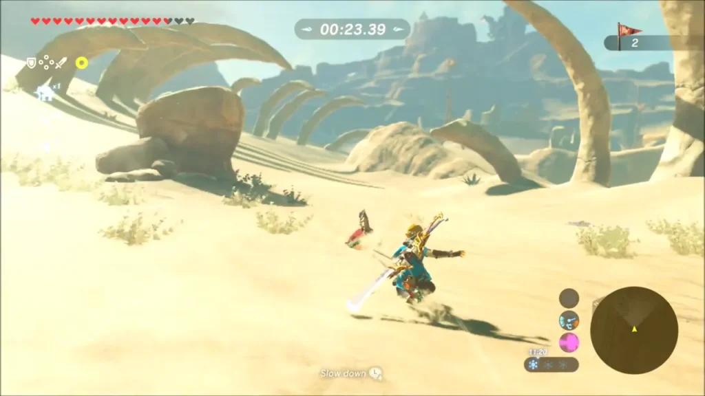 Link dashing on his shield past giant bones toward the third arch Link dashing on his shield past giant bones toward the third arch