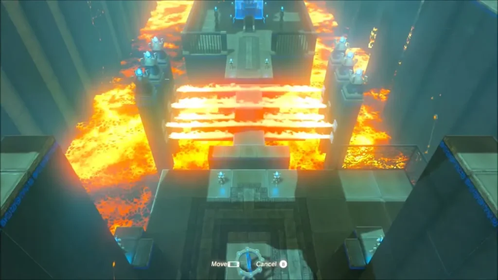 Flame jets blasting across the rotating apparatus on the long platform in Rinu Honika Shrine