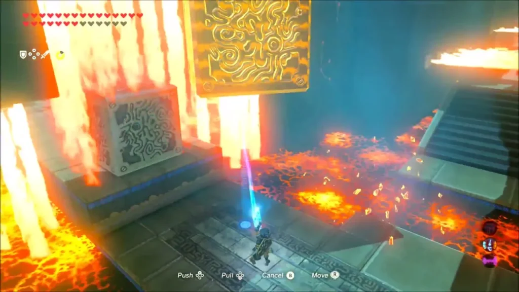 Link moving a metal block beside tall columns of flame