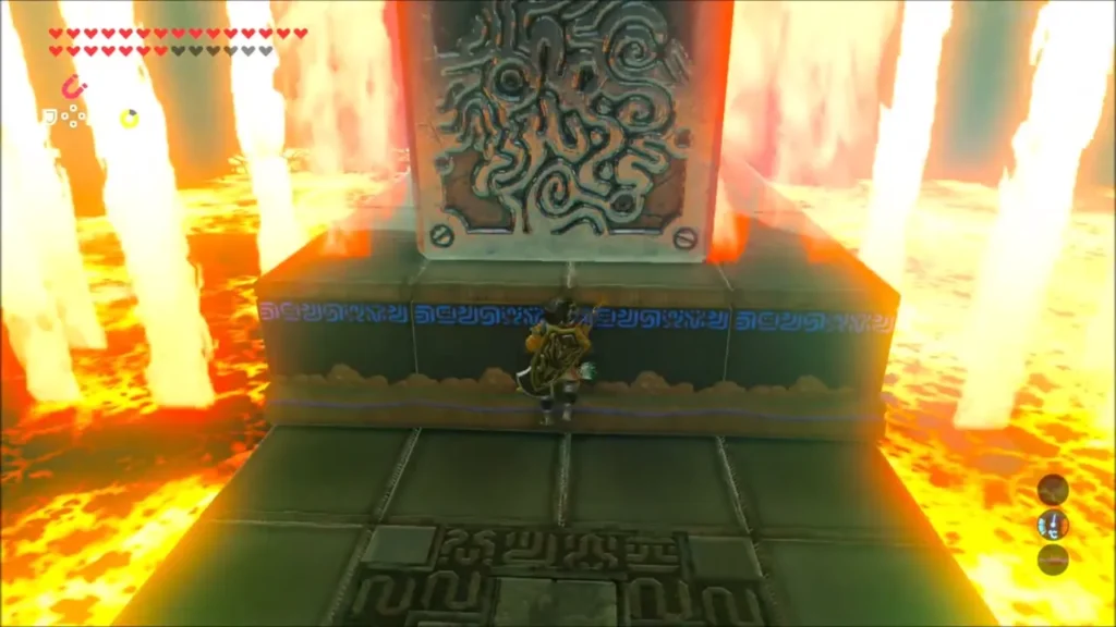 Link below a flame-hit platform with a metal block above him