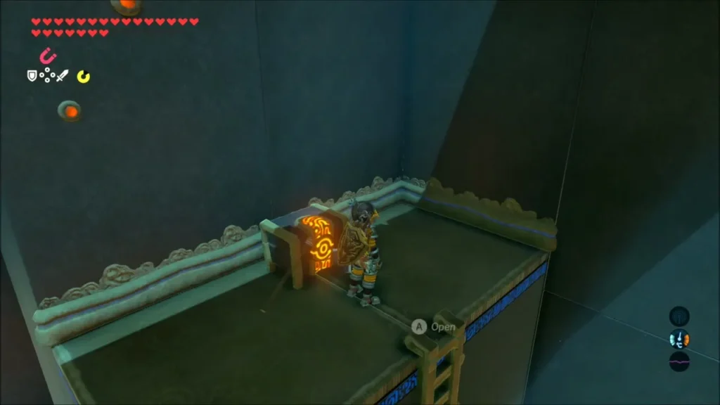 Link opening the treasure chest on a high ledge