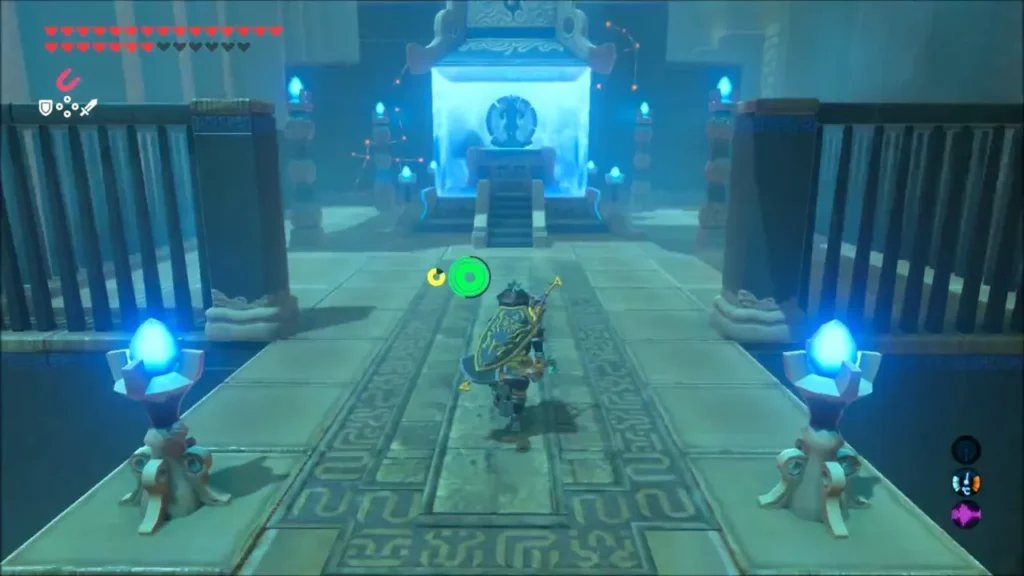 Link walking along the cleared platform toward the glowing monk chamber