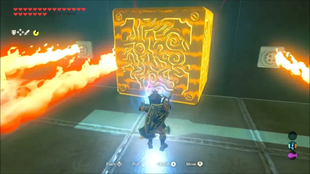 Link holding a metal block between two flame jets with Magnesis