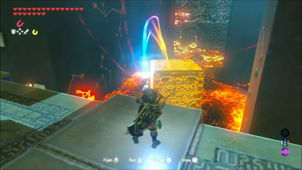 Link pulling a metal block out of a pillar base with Magnesis