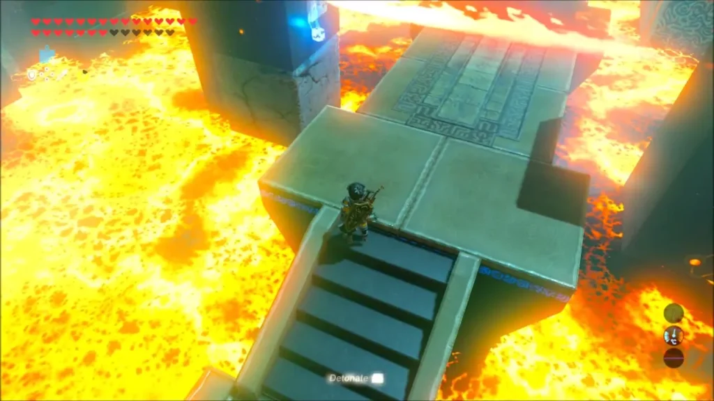 Link on lava-ringed stairs with the Remote Bomb ready to detonate
