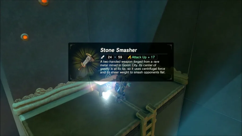 Link holding up the Stone Smasher from the chest with its name box