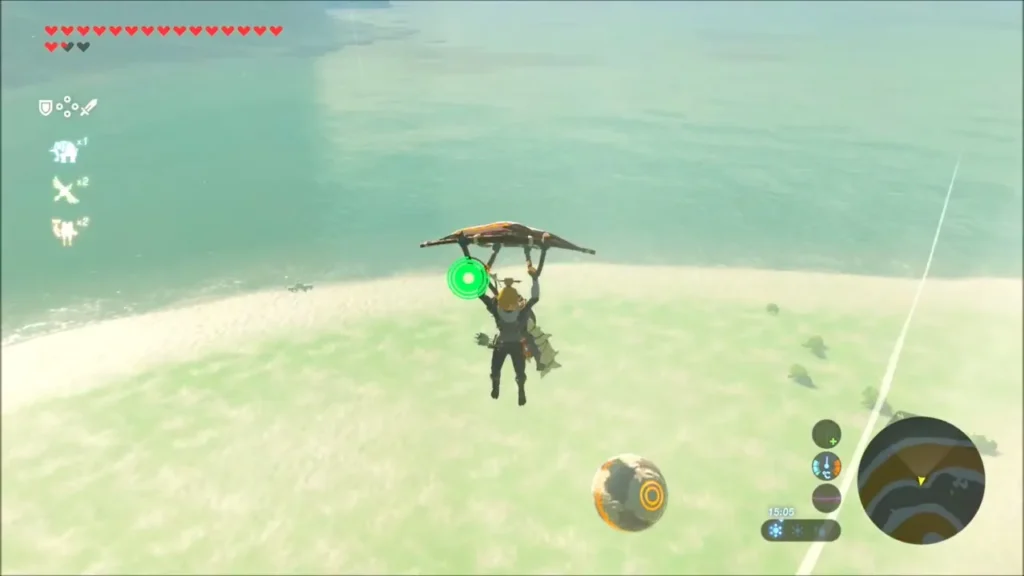 Link gliding across the water gap beside the ancient orb