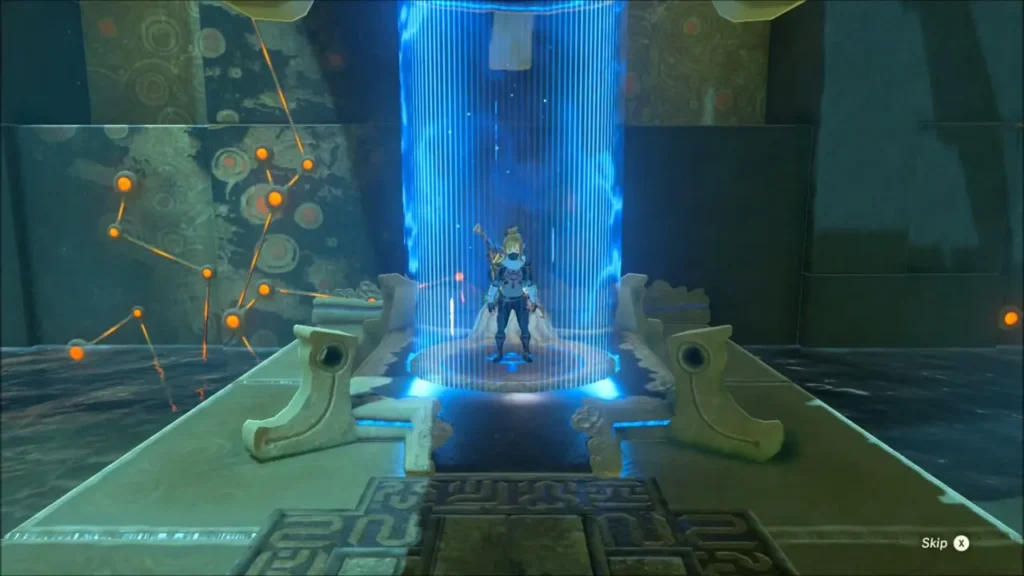 Link inside the shrine on a lit platform in a column of blue light