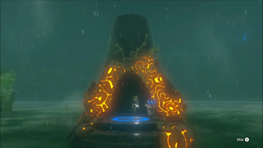 Link standing on the glowing platform inside the shrine entrance in the rain