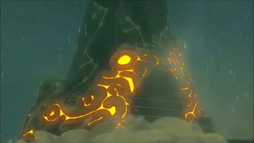 The shrine rising from the water with glowing orange markings