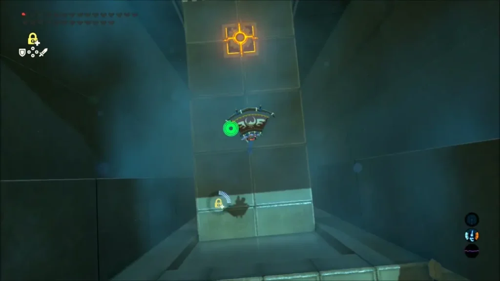 Link gliding down a long shaft toward the exit platform Link gliding down a long shaft toward the exit platform