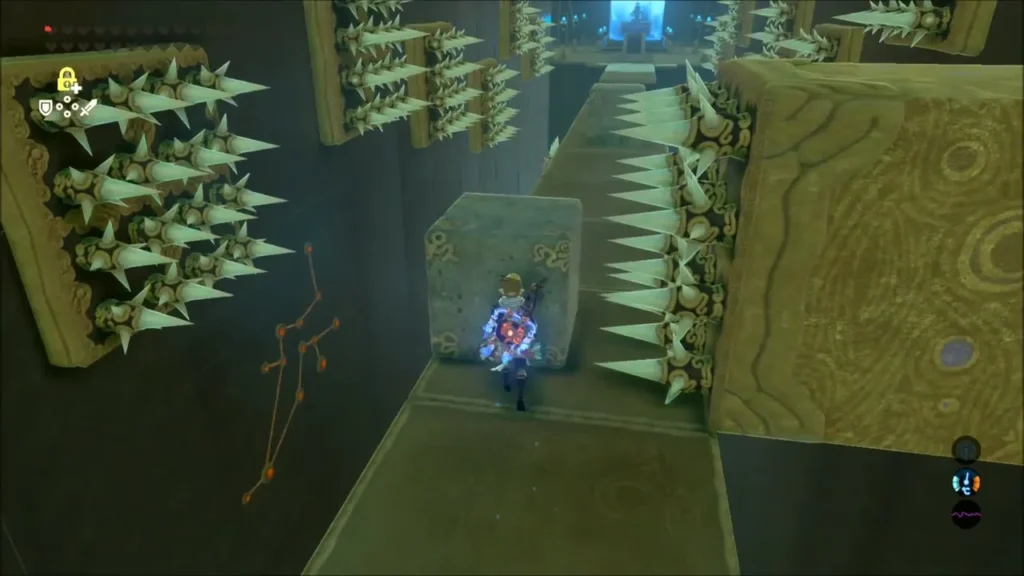 Link edging past a stone block between spiked walls Link edging past a stone block between spiked walls