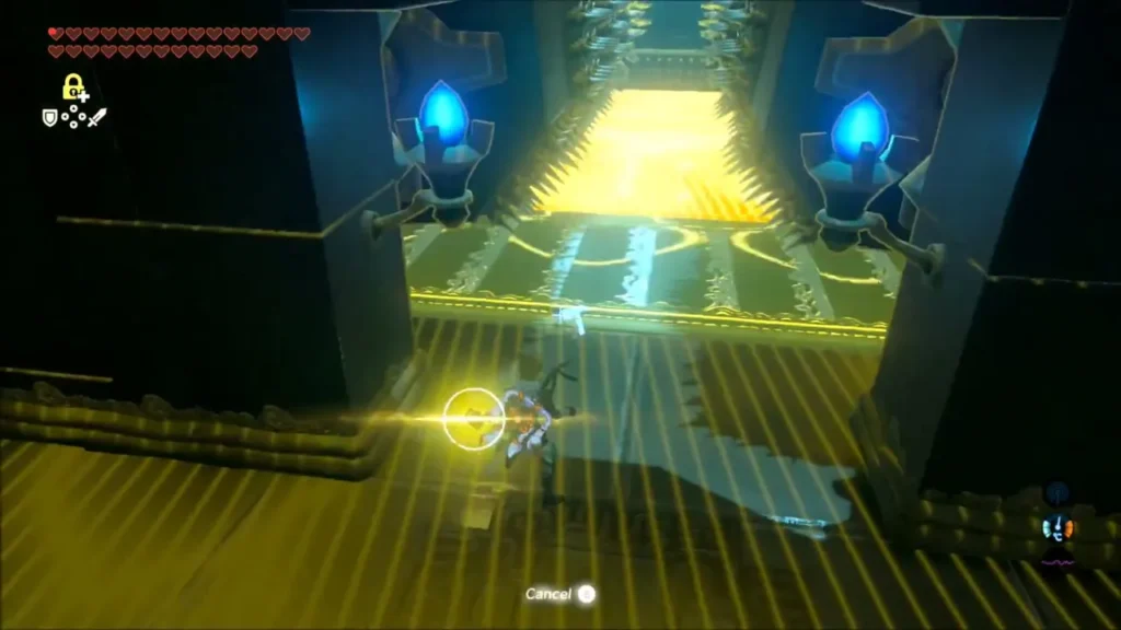 Link aiming Stasis at a conveyor platform leading to spiked walls Link aiming Stasis at a conveyor platform leading to spiked walls