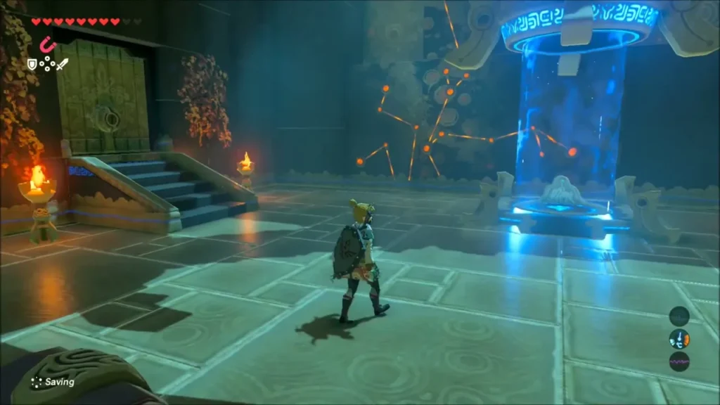 Link walking toward the Rok Uwog Shrine entrance with a locked door and the travel pad Link walking toward the Rok Uwog Shrine entrance with a locked door and the travel pad