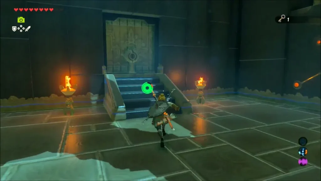 Link with a Small Key heading to the shrine door and its stairs Link with a Small Key heading to the shrine door and its stairs