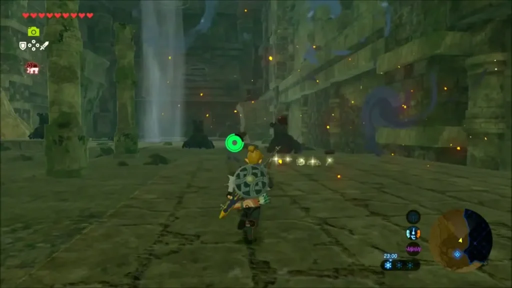Link running down a ruined temple hall toward dormant Guardians Link running down a ruined temple hall toward dormant Guardians