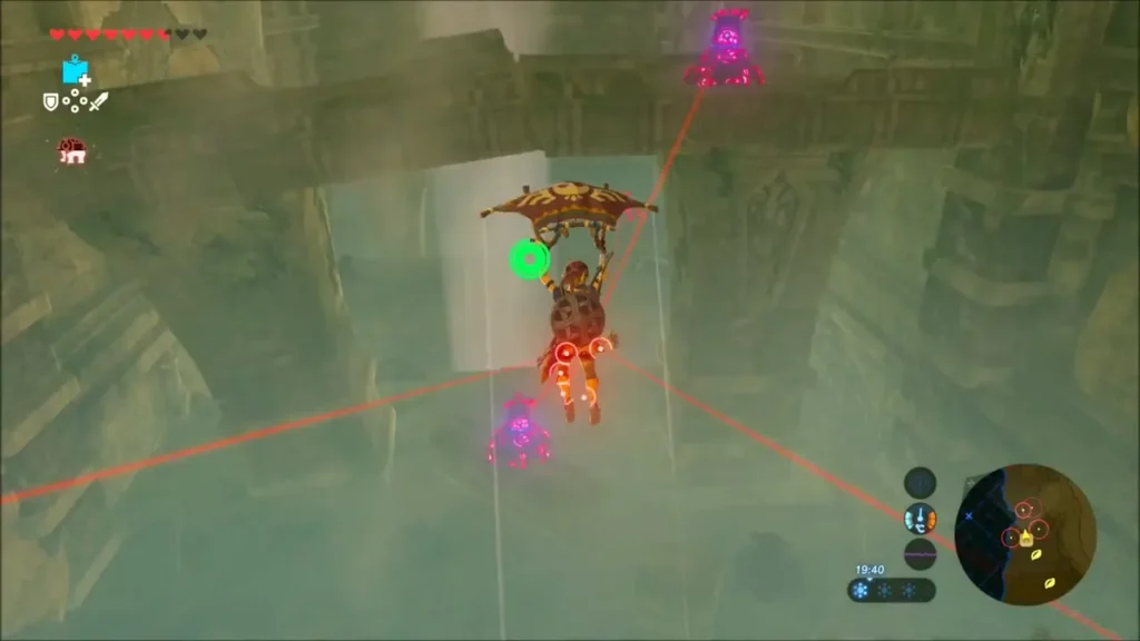 Link gliding with the Paraglider while Guardian lasers sweep around him Link gliding with the Paraglider while Guardian lasers sweep around him