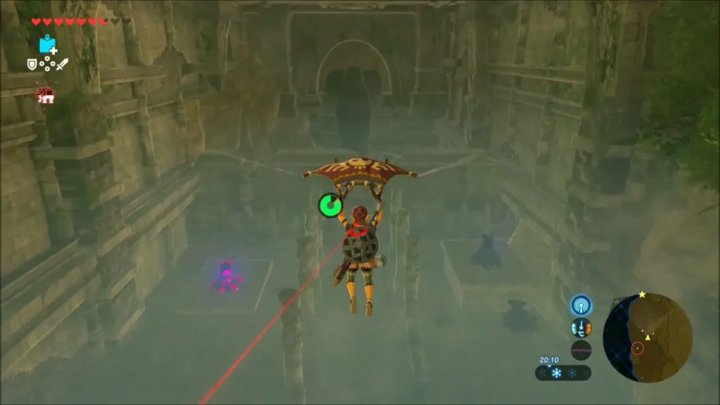Link paragliding above a ruined hall with Guardians below Link paragliding above a ruined hall with Guardians below