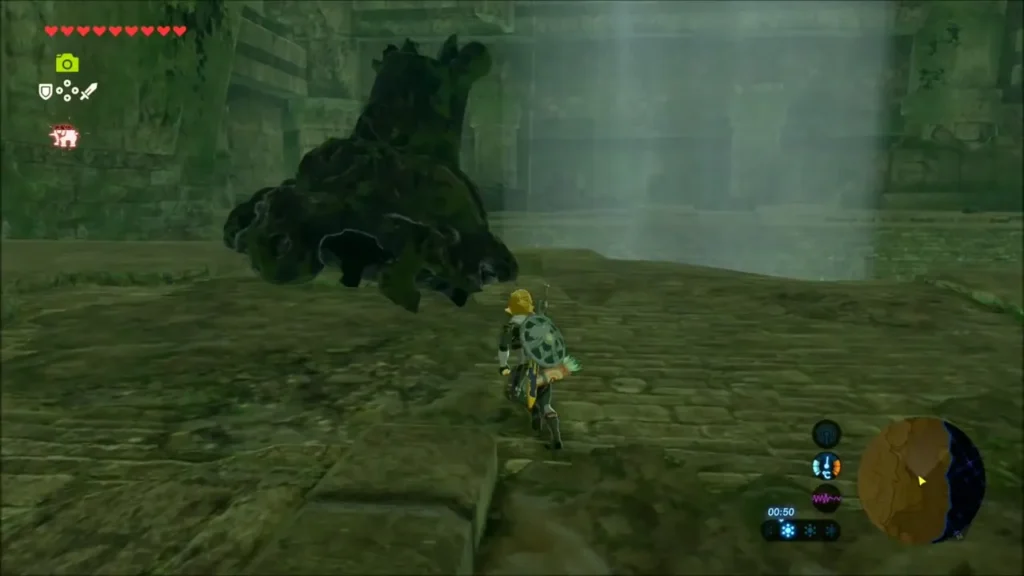 Link creeping past a dormant Guardian in the temple ruin Link creeping past a dormant Guardian in the temple ruin