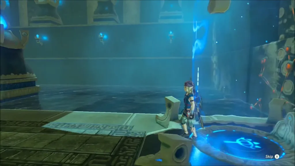 Link in the blue-lit shrine chamber beside a glowing pool Link in the blue-lit shrine chamber beside a glowing pool
