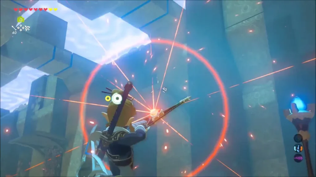 Link drawing a fire arrow at a wooden ledge high on the wall
