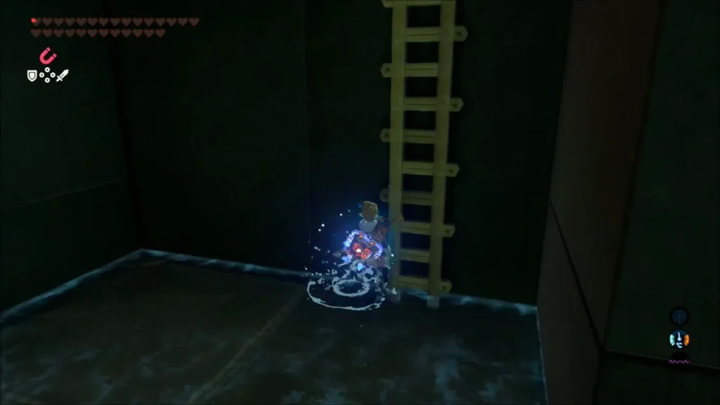 Link climbing a ladder toward the catwalk Link climbing a ladder toward the catwalk