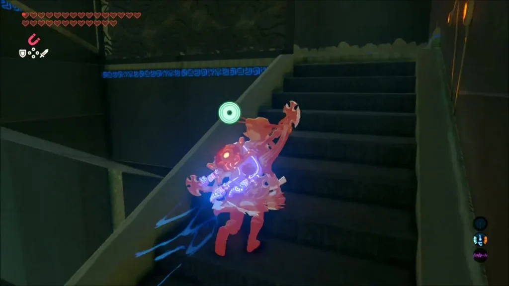 Link running up the stairs toward the Guardian Link running up the stairs toward the Guardian