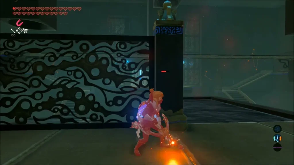Link ducking behind a pillar to avoid a Guardian beam Link ducking behind a pillar to avoid a Guardian beam