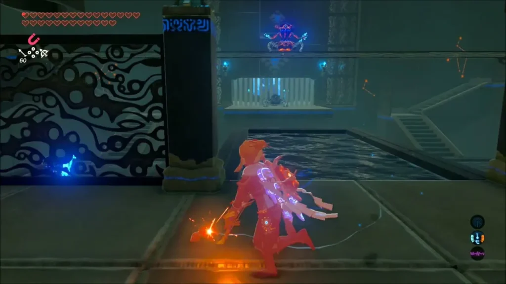 Link in red glow dodging a Guardian shot across the water hall Link in red glow dodging a Guardian shot across the water hall