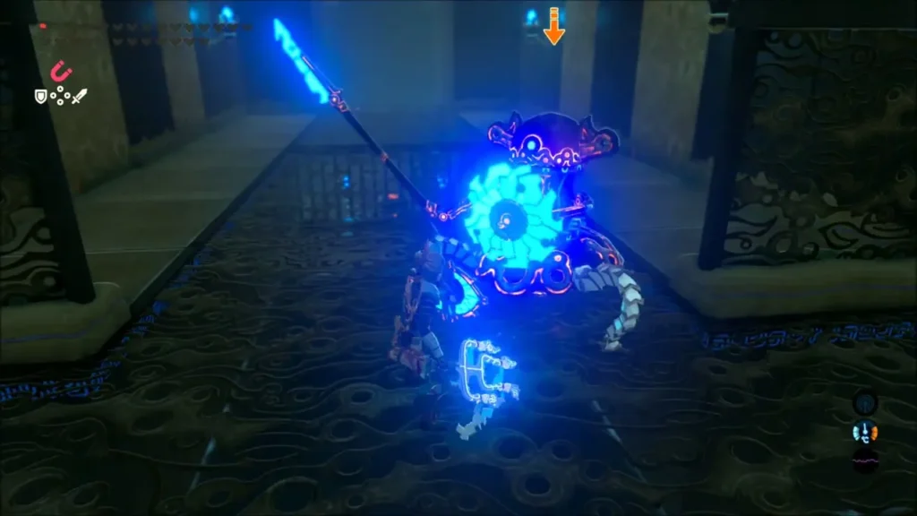 A glowing Guardian Scout raising its spear against Link in the shrine corridor A glowing Guardian Scout raising its spear against Link in the shrine corridor