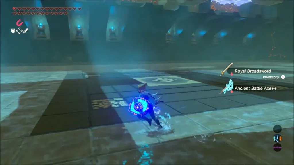 Link dashing across the trial room with his shield raised Link dashing across the trial room with his shield raised