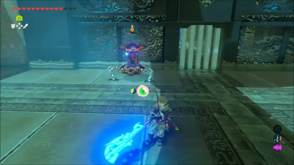 Link holding a glowing spear at distance from the Guardian Scout Link holding a glowing spear at distance from the Guardian Scout
