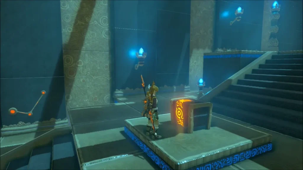 Link at the glowing chest on its pedestal beside the stairs Link at the glowing chest on its pedestal beside the stairs