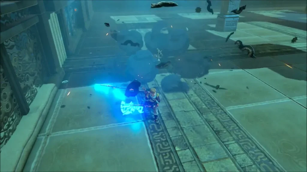 Link amid smoke and debris after an enemy blast Link amid smoke and debris after an enemy blast