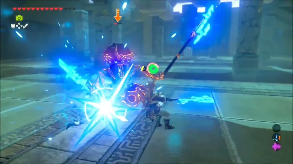 Link landing a flurry rush on the Guardian Scout with a burst of light Link landing a flurry rush on the Guardian Scout with a burst of light