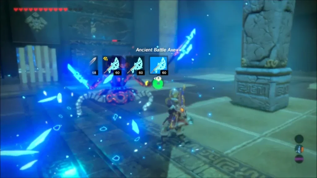 Link fighting the Guardian Scout amid blue sparks in Sasa Kai Shrine Link fighting the Guardian Scout amid blue sparks in Sasa Kai Shrine