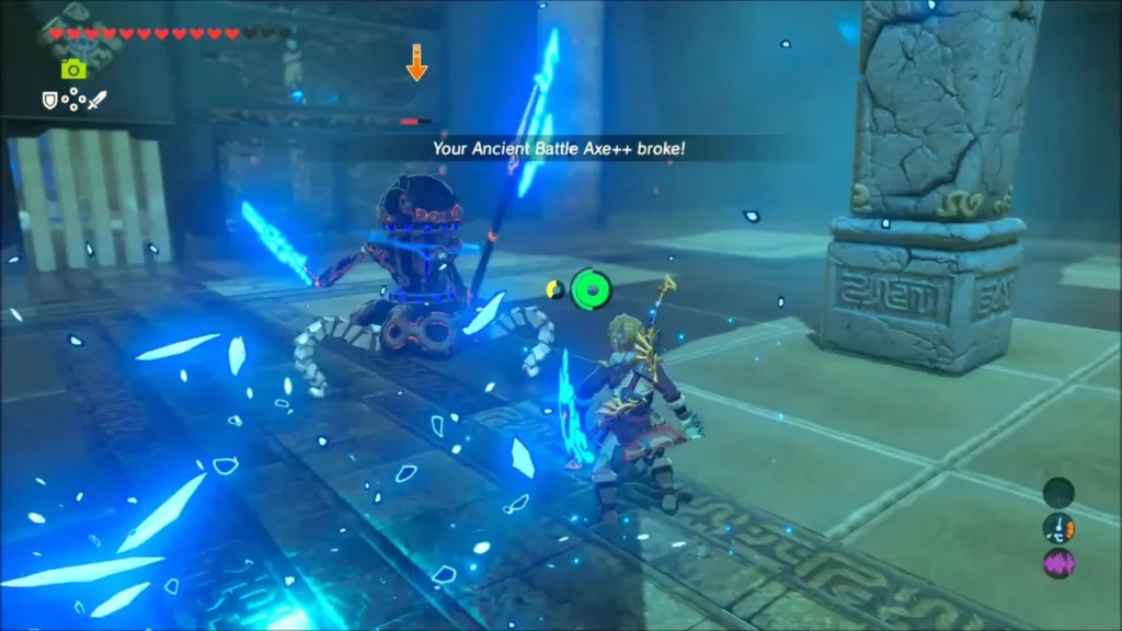 Link striking the Guardian Scout as blue shards fly Link striking the Guardian Scout as blue shards fly